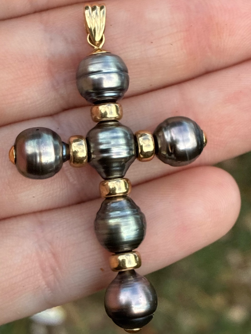 High end!! Solid 14k gold genuine Tahitian pearl Hawaiian cross pendant -NEW